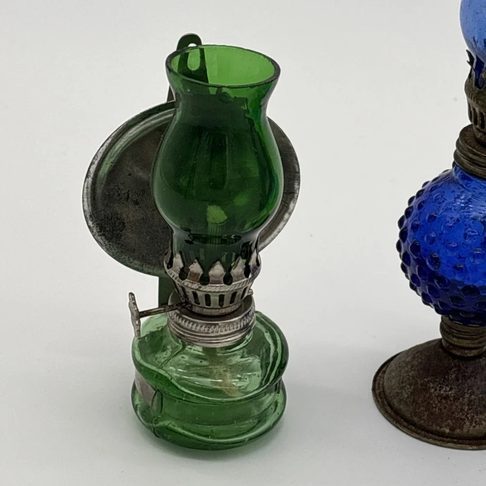 Vintage Miniature Colored Glass Oil Lamps Set Cobalt Hobnail Green Blue Lot of 3